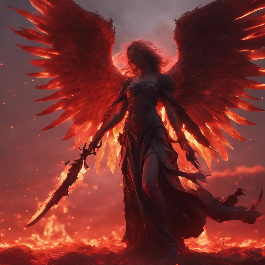 An angel with wings made of fire on a bloody battlefield with a bloodred sunset, 8k, Highly Detailed, Stunning, Volumetric Lighting, Fantasy, Dark by WLOP
