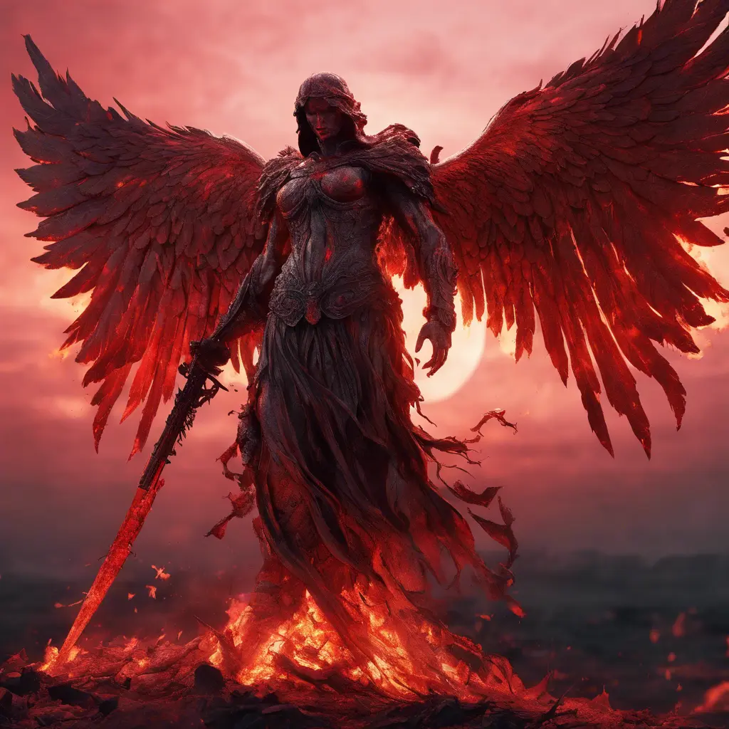 An armed angel with wings made of fire on a bloody battlefield with a bloodred sunset, 8k, Highly Detailed, Stunning, Volumetric Lighting, Fantasy, Dark by Stefan Kostic