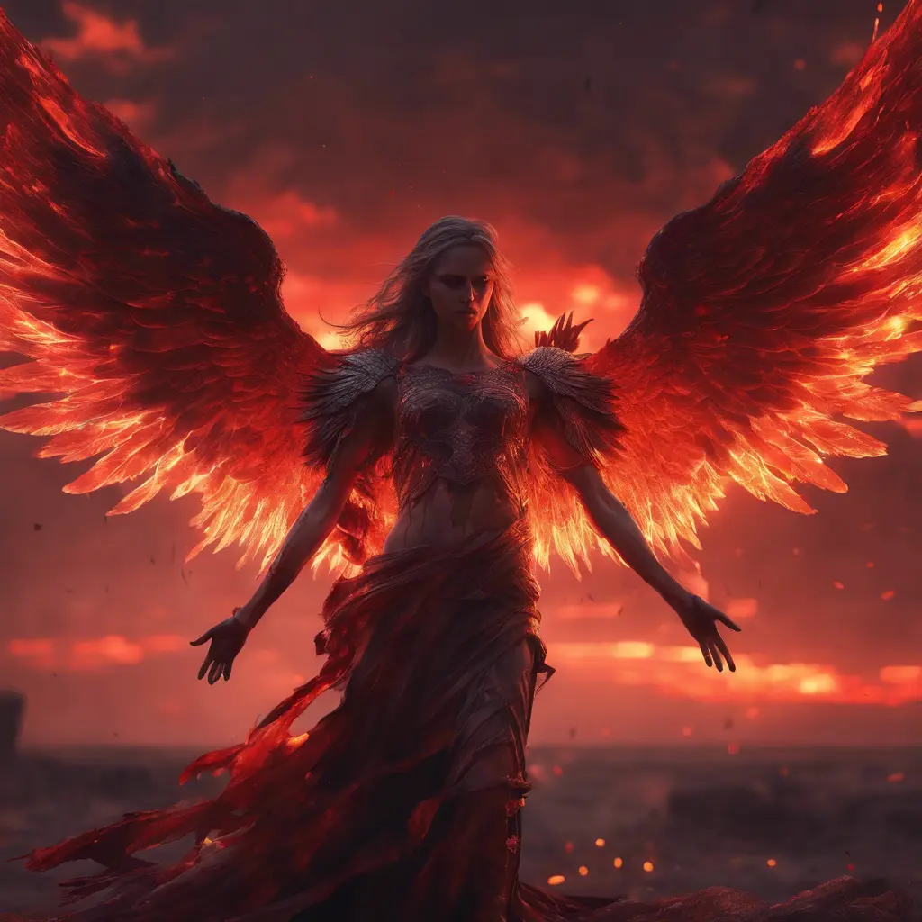 An angel with wings made of fire on a bloody battlefield with a bloodred sunset, 8k, Highly Detailed, Stunning, Volumetric Lighting, Fantasy, Dark by WLOP