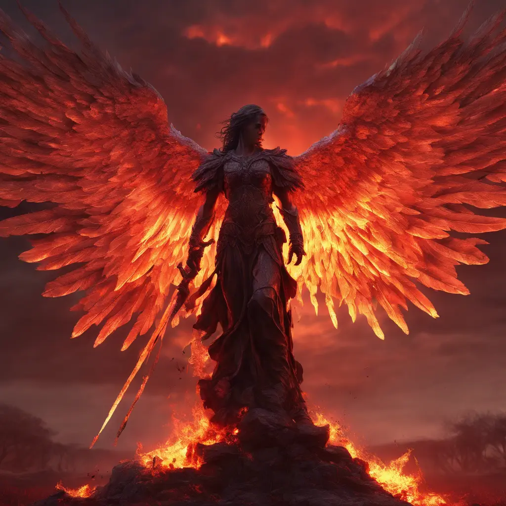 An angel with wings made of fire on a bloody battlefield with a bloodred sunset, 8k, Highly Detailed, Stunning, Volumetric Lighting, Fantasy, Dark by Greg Rutkowski
