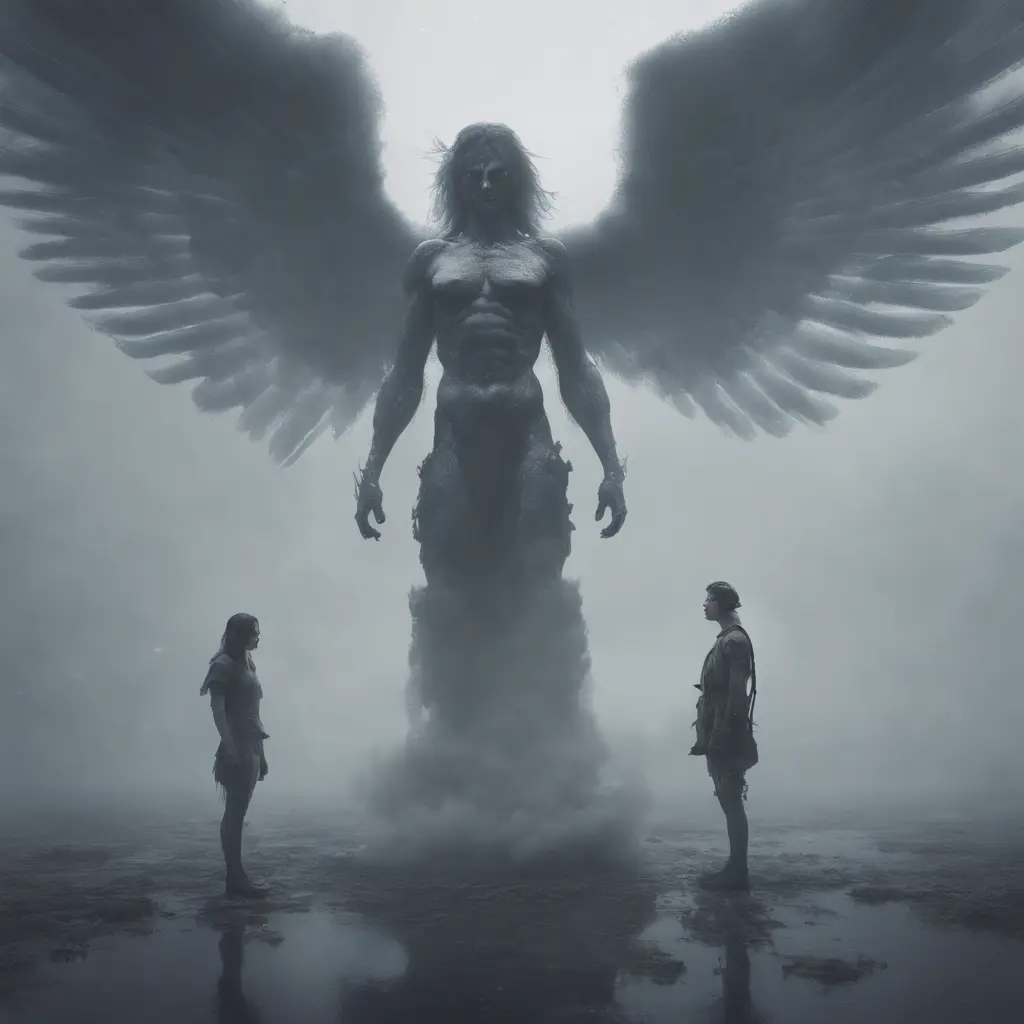 An angel and a demon in the fog of war, 8k, Symmetrical Face, Digital Illustration, Octane Render, Concept Art by Greg Rutkowski