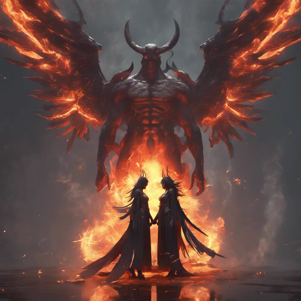 An angel and a demon surrounded by fire, 8k, Trending on Artstation, Symmetrical Face, Digital Illustration, Concept Art by WLOP