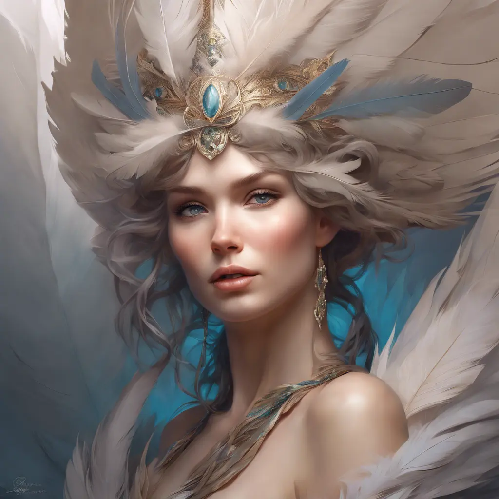 Alluring matte portrait of a beautiful Seraphine wearing feathers, 8k, Highly Detailed, Intricate, Half Body, Realistic, Sharp Focus, Volumetric Lighting, Fantasy, Elegant by Stanley Artgerm Lau, Alphonse Mucha, WLOP