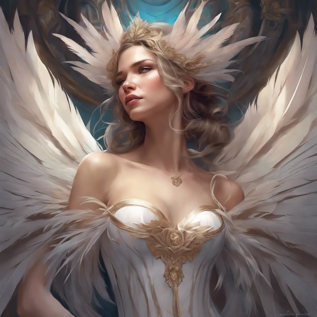 Alluring matte portrait of a beautiful Seraphine wearing feathers, 8k, Highly Detailed, Intricate, Half Body, Realistic, Sharp Focus, Volumetric Lighting, Fantasy, Elegant by Stanley Artgerm Lau, Alphonse Mucha, WLOP