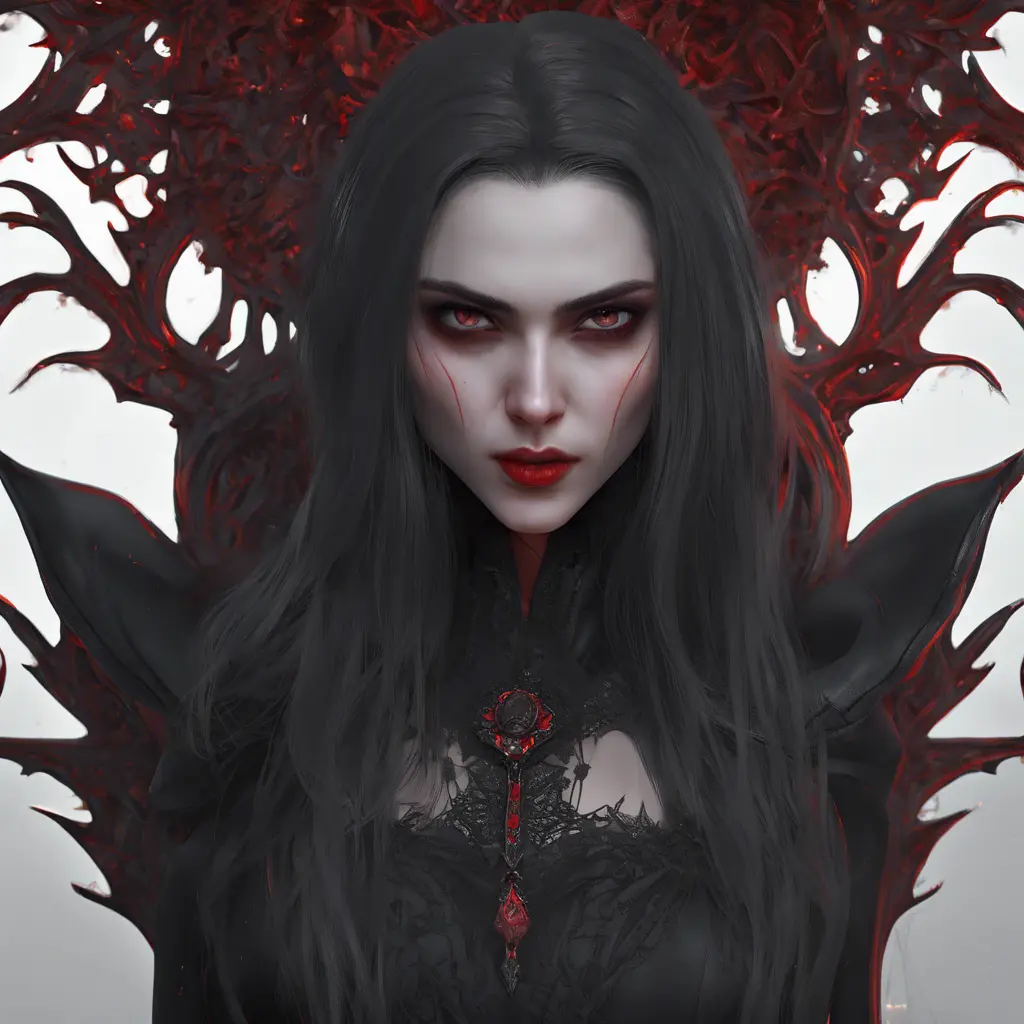 A beautiful romanian vampire woman with penetrating red bright eyes, long fangs, perfect face, 8k, Hyper Detailed, Intricate Details, Masterpiece, Contemporary, Full Body, Trending on Artstation, Gothic, Deviantart, Concept Art by WLOP