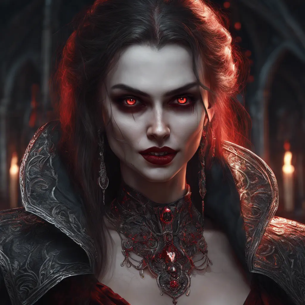 A beautiful romanian vampire woman with penetrating red bright eyes, long fangs, perfect face, 8k, Hyper Detailed, Intricate Details, Masterpiece, Contemporary, Full Body, Trending on Artstation, Gothic, Deviantart, Concept Art by Stefan Kostic