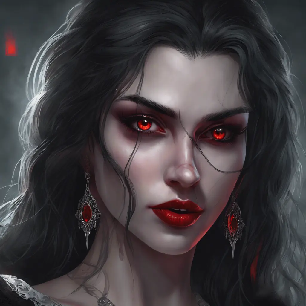 A beautiful romanian vampire woman with penetrating red bright eyes, long fangs, perfect face, 8k, Hyper Detailed, Intricate Details, Masterpiece, Contemporary, Full Body, Trending on Artstation, Gothic, Deviantart, Concept Art by Stanley Artgerm Lau