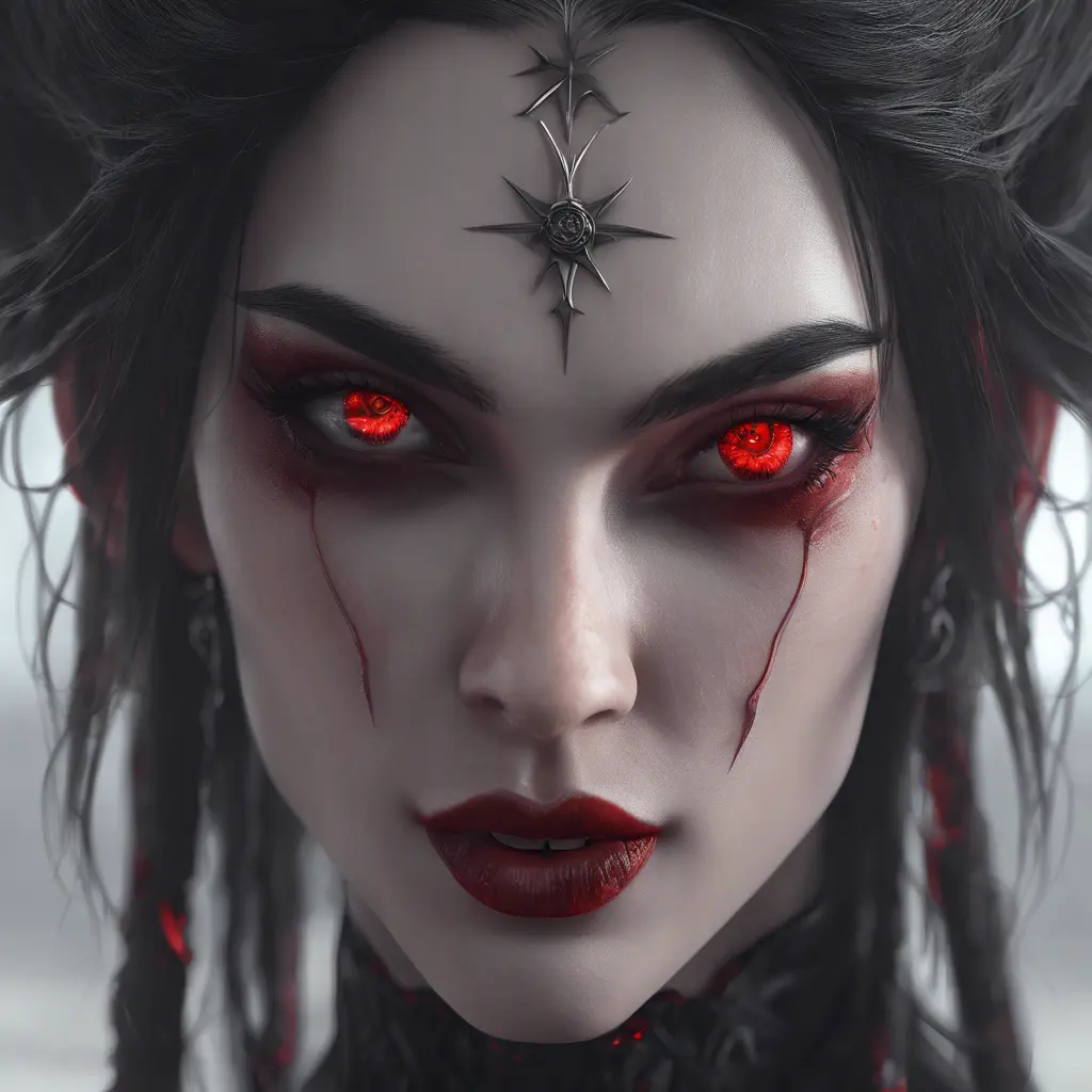 A beautiful romanian vampire woman with penetrating red bright eyes, long fangs, perfect face, 8k, Hyper Detailed, Intricate Details, Masterpiece, Contemporary, Full Body, Trending on Artstation, Gothic, Deviantart, Concept Art by WLOP