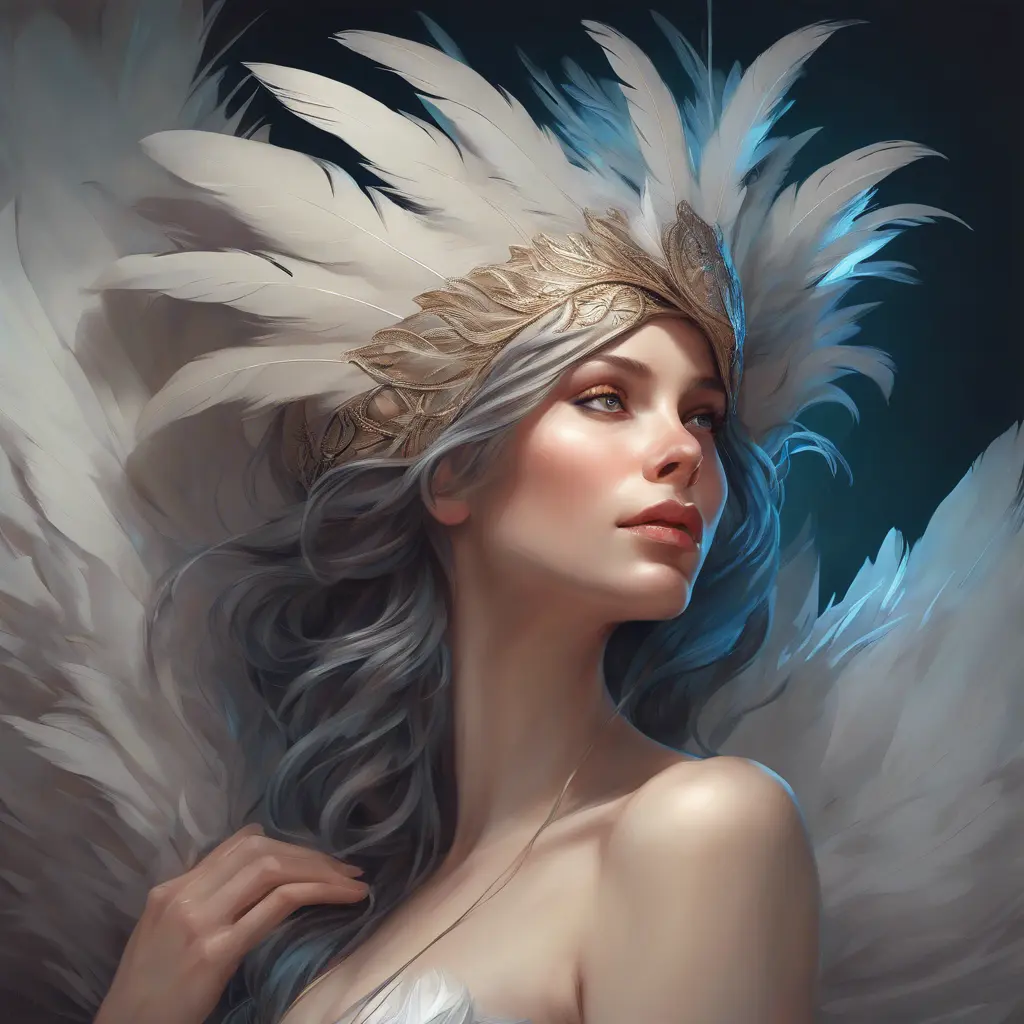 Alluring matte portrait of a beautiful Seraphine wearing feathers, 8k, Highly Detailed, Intricate, Half Body, Realistic, Sharp Focus, Volumetric Lighting, Fantasy, Elegant by Stanley Artgerm Lau, Alphonse Mucha, WLOP