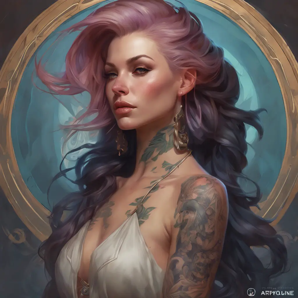 Matte portrait of Seraphine with tattoos, 8k, Highly Detailed, Powerful, Alluring, Artstation, Magical, Digital Painting, Photo Realistic, Sharp Focus, Volumetric Lighting, Concept Art by Stanley Artgerm Lau, Alphonse Mucha, Greg Rutkowski