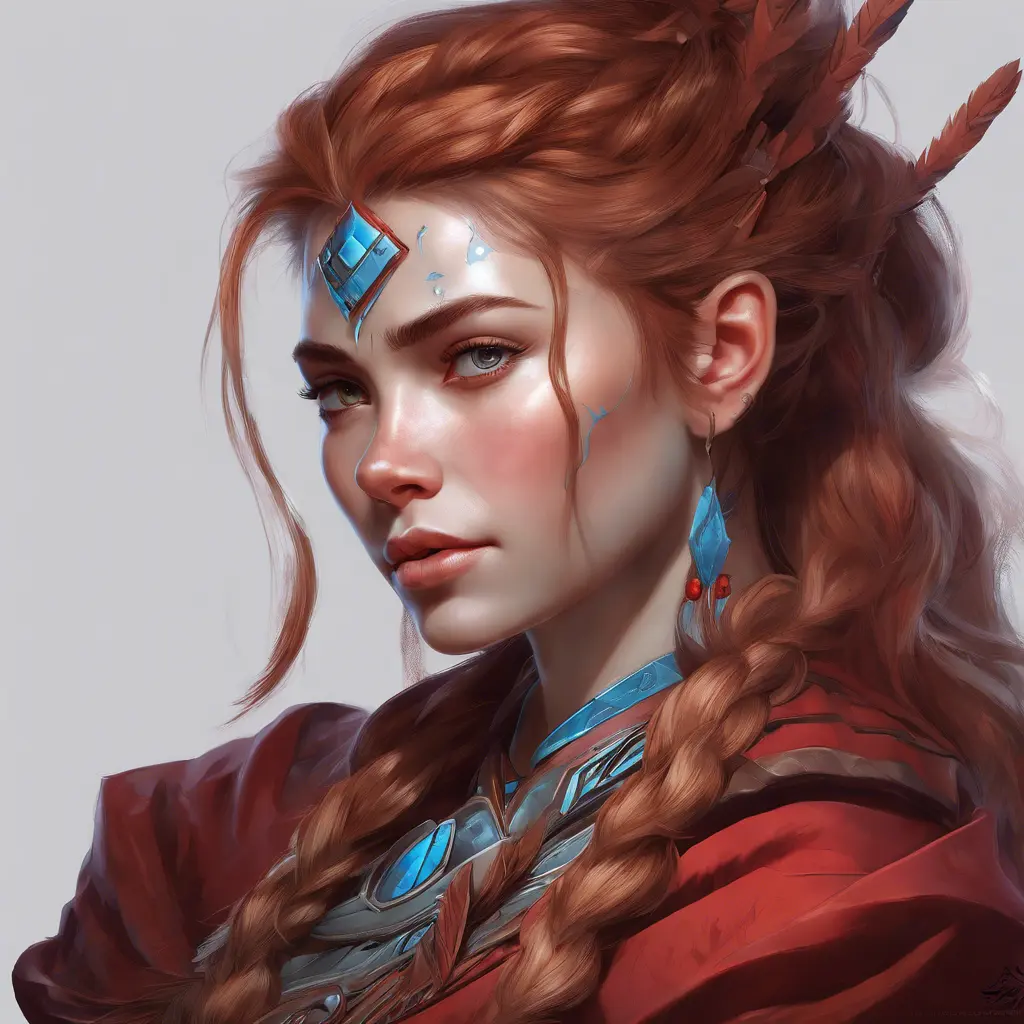 Alluring matte portrait of the beautiful Aloy in dark red, 8k, Highly Detailed, Intricate, Realistic, Sharp Focus, Volumetric Lighting, Fantasy, Elegant by Stanley Artgerm Lau, Alphonse Mucha, WLOP, Stefan Kostic