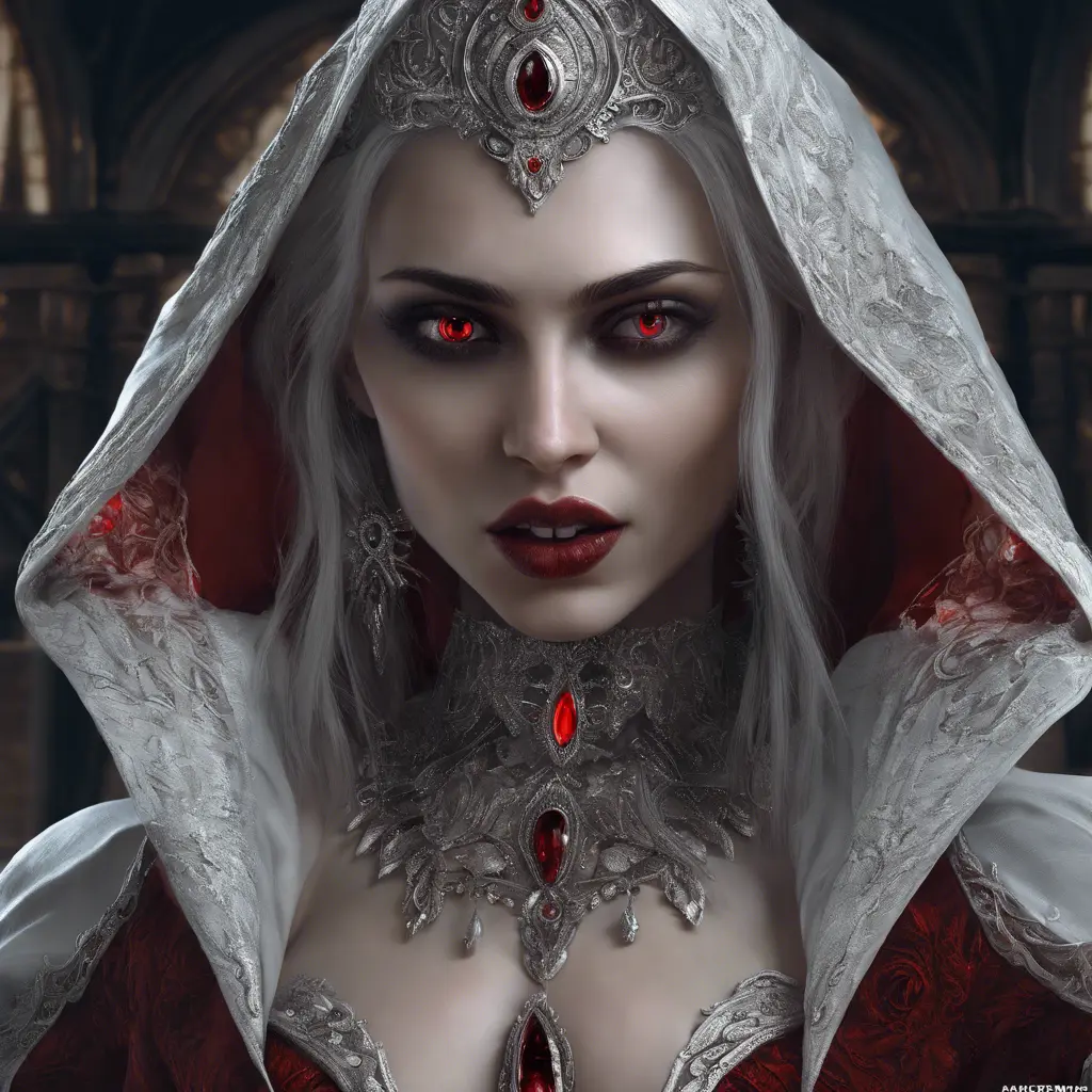 A beautiful romanian vampire woman with penetrating red bright eyes, long fangs, perfect face, 8k, Hyper Detailed, Intricate Details, Masterpiece, Contemporary, Full Body, Trending on Artstation, Gothic, Deviantart, Concept Art by Stefan Kostic