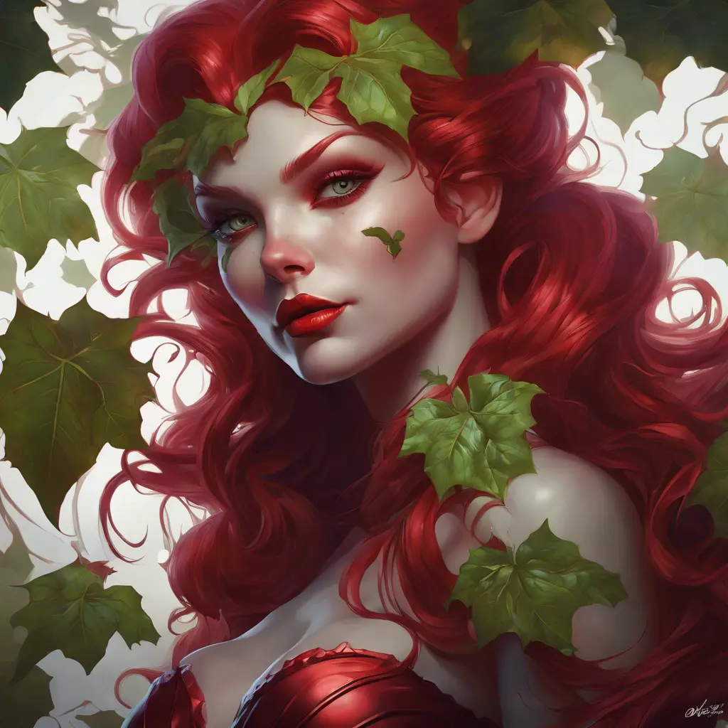 Matte portrait of the beautiful Poison Ivy in dark red, 8k, Highly Detailed, Intricate, Realistic, Sharp Focus, Volumetric Lighting, Fantasy, Elegant by Stanley Artgerm Lau, Alphonse Mucha, WLOP, Stefan Kostic