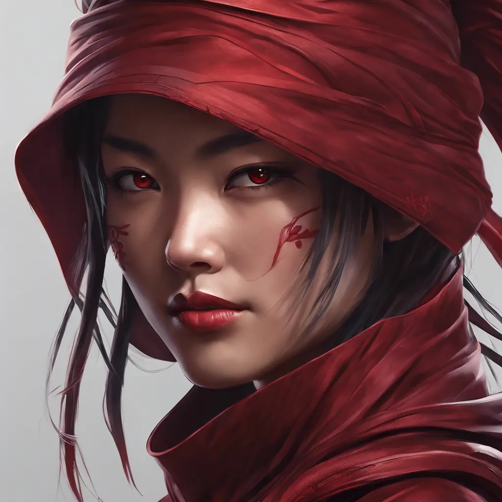 Matte portrait of a beautiful Kunoichi Ninja in dark red, 8k, Highly Detailed, Intricate, Realistic, Sharp Focus, Volumetric Lighting, Fantasy, Elegant by Stanley Artgerm Lau, Alphonse Mucha, WLOP, Stefan Kostic