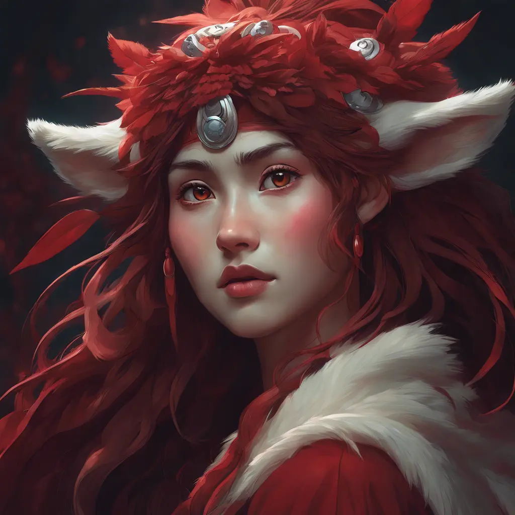 Matte portrait of the beautiful Princess Mononoke in dark red, 8k, Highly Detailed, Intricate, Realistic, Sharp Focus, Volumetric Lighting, Fantasy, Elegant by Stanley Artgerm Lau, Alphonse Mucha, WLOP, Stefan Kostic