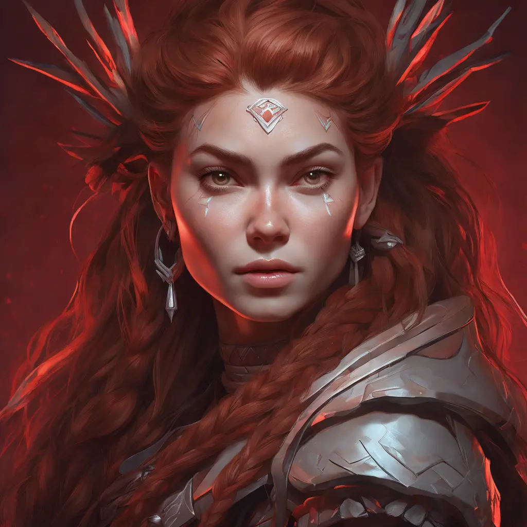 Alluring matte portrait of the beautiful Aloy in dark red, 8k, Highly Detailed, Intricate, Realistic, Sharp Focus, Volumetric Lighting, Fantasy, Elegant by Stanley Artgerm Lau, Alphonse Mucha, WLOP, Stefan Kostic