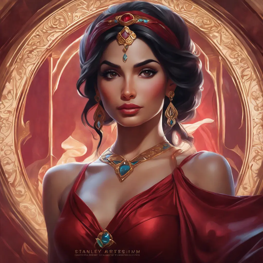 Matte portrait of the beautiful Princess Jasmine in dark red, 8k, Highly Detailed, Intricate, Realistic, Sharp Focus, Volumetric Lighting, Fantasy, Elegant by Stanley Artgerm Lau, Alphonse Mucha, WLOP, Stefan Kostic