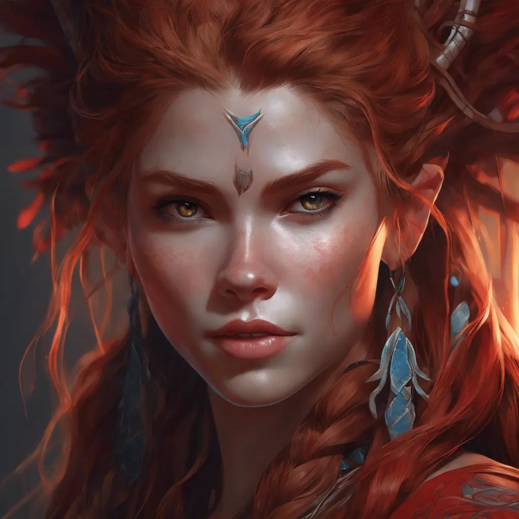 Alluring matte portrait of the beautiful Aloy in dark red, 8k, Highly Detailed, Intricate, Realistic, Sharp Focus, Volumetric Lighting, Fantasy, Elegant by Stanley Artgerm Lau, Alphonse Mucha, WLOP, Stefan Kostic