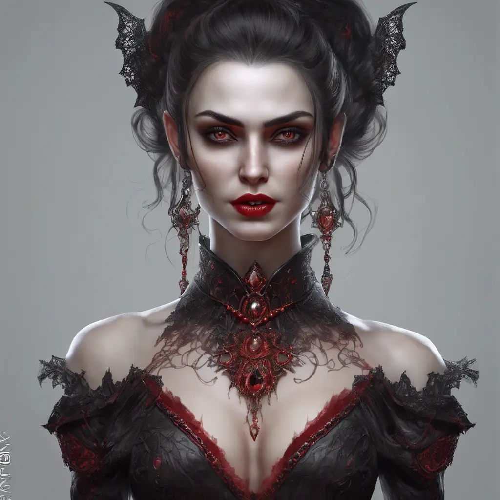 A beautiful romanian vampire woman with penetrating red bright eyes, long fangs, perfect face, 8k, Hyper Detailed, Intricate Details, Masterpiece, Contemporary, Full Body, Trending on Artstation, Gothic, Deviantart, Concept Art by Stefan Kostic