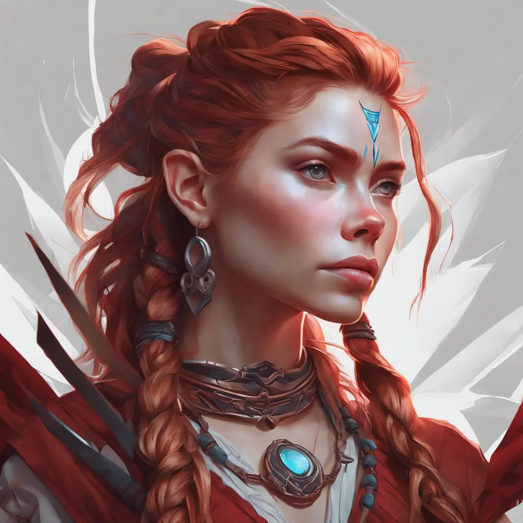 Alluring matte portrait of the beautiful Aloy in dark red, 8k, Highly Detailed, Intricate, Realistic, Sharp Focus, Volumetric Lighting, Fantasy, Elegant by Stanley Artgerm Lau, Alphonse Mucha, WLOP, Stefan Kostic