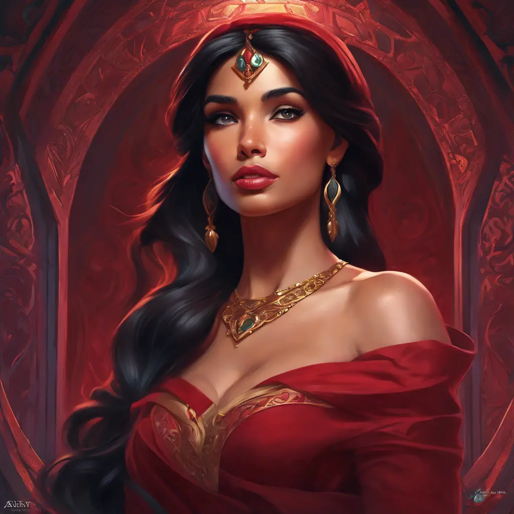 Matte portrait of the beautiful Princess Jasmine in dark red, 8k, Highly Detailed, Intricate, Realistic, Sharp Focus, Volumetric Lighting, Fantasy, Elegant by Stanley Artgerm Lau, Alphonse Mucha, WLOP, Stefan Kostic
