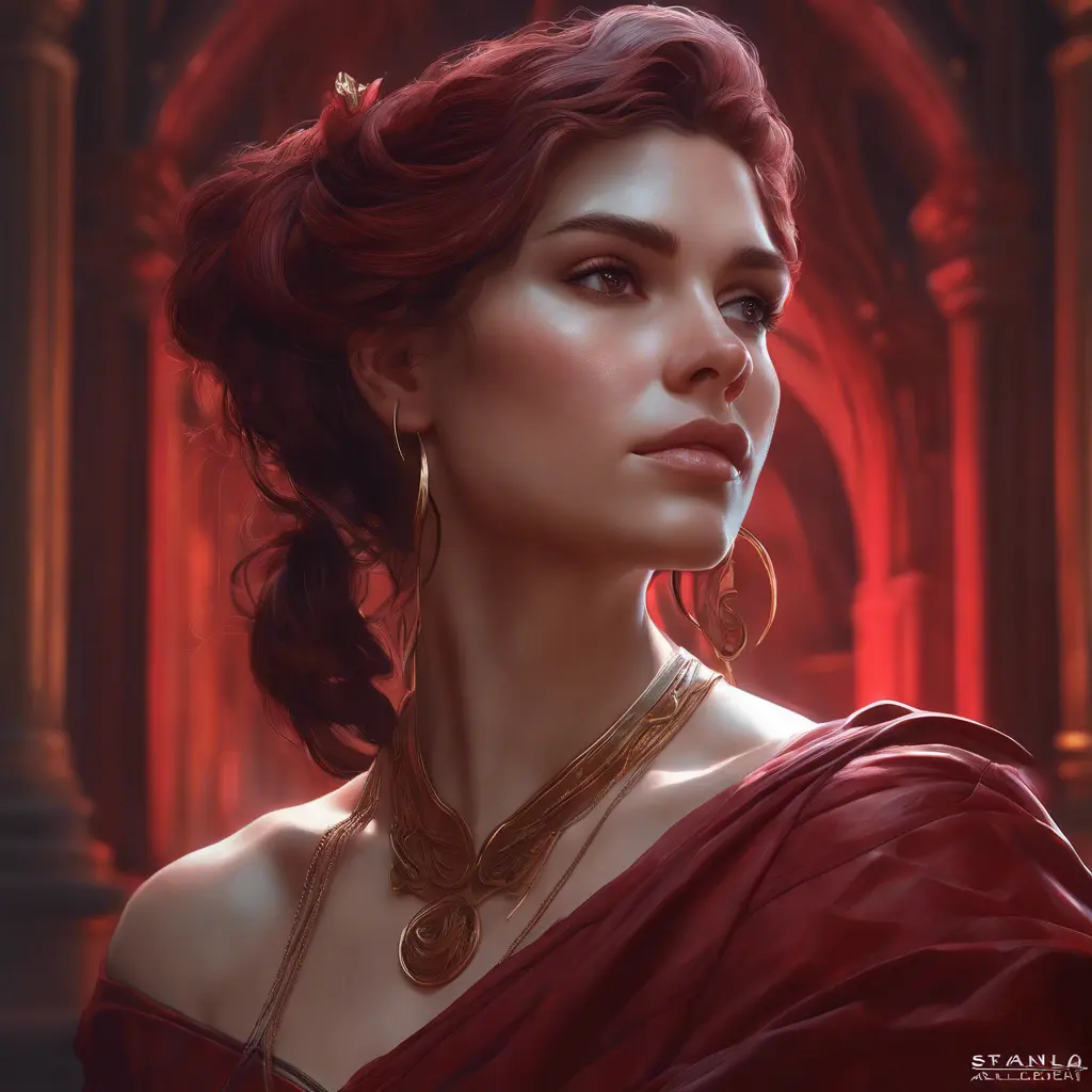 Matte portrait of the beautiful Kassandra in dark red, 8k, Highly Detailed, Intricate, Realistic, Sharp Focus, Volumetric Lighting, Fantasy, Elegant by Stanley Artgerm Lau, Alphonse Mucha, WLOP, Stefan Kostic