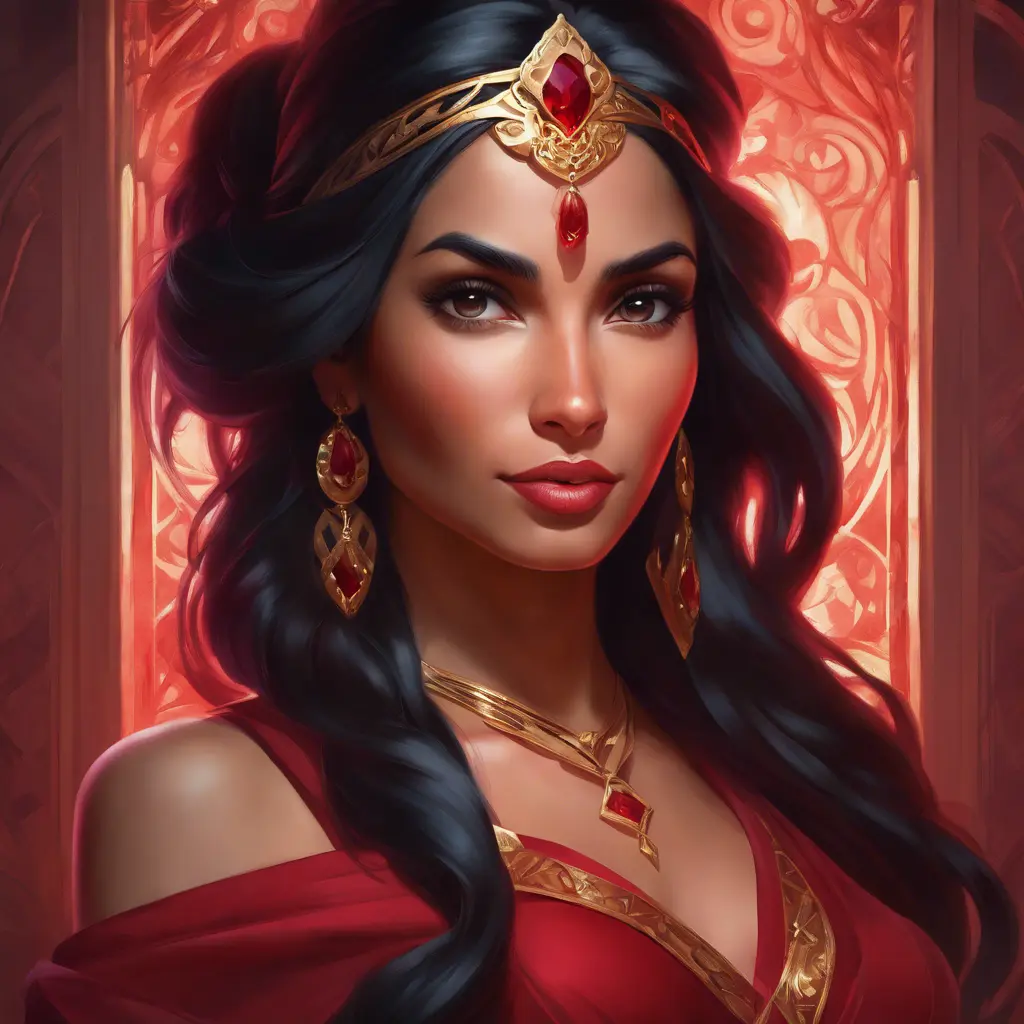 Matte portrait of the beautiful Princess Jasmine in dark red, 8k, Highly Detailed, Intricate, Realistic, Sharp Focus, Volumetric Lighting, Fantasy, Elegant by Stanley Artgerm Lau, Alphonse Mucha, WLOP, Stefan Kostic