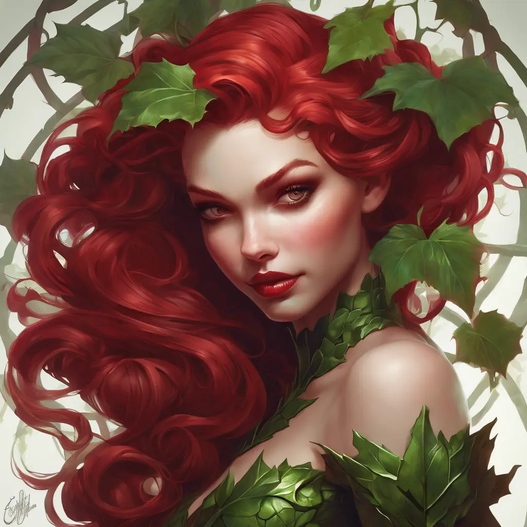 Matte portrait of the beautiful Poison Ivy in dark red, 8k, Highly Detailed, Intricate, Realistic, Sharp Focus, Volumetric Lighting, Fantasy, Elegant by Stanley Artgerm Lau, Alphonse Mucha, WLOP, Stefan Kostic