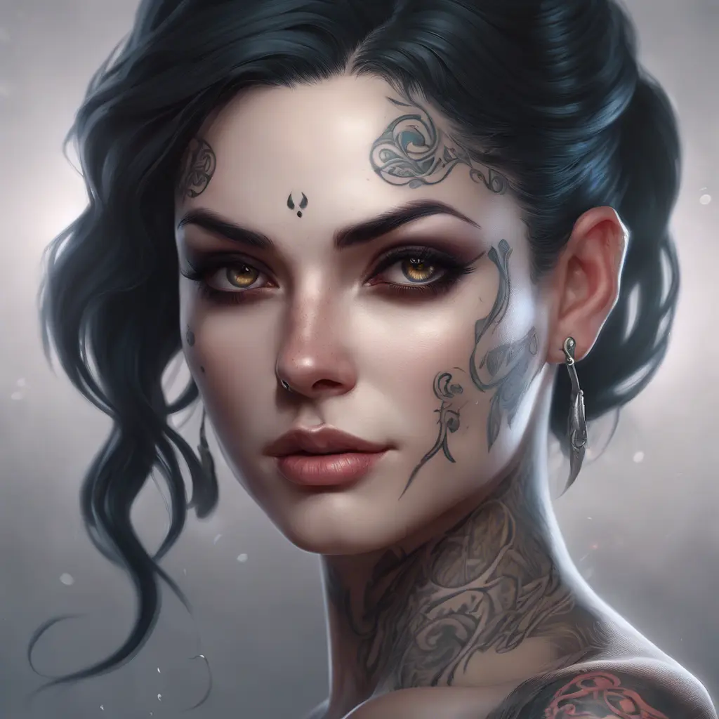 Matte portrait of Morgana with tattoos, 8k, Highly Detailed, Alluring, Artstation, Bokeh effect, Sharp Focus, Volumetric Lighting, Concept Art by Stanley Artgerm Lau, Greg Rutkowski