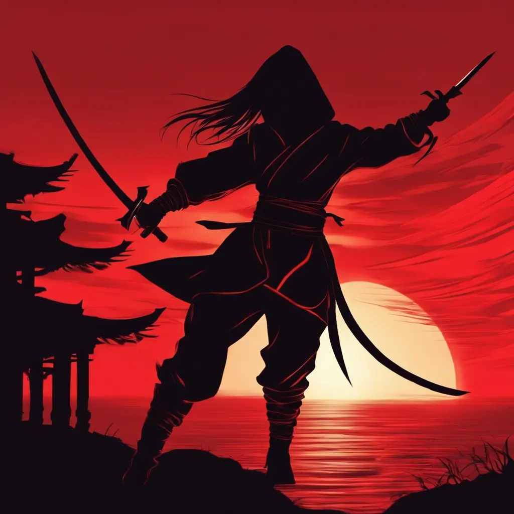 Silhouette of a ninja assassin with her drawn daggers in front of a red sunset, Ambient Lighting, Fantasy, Dark