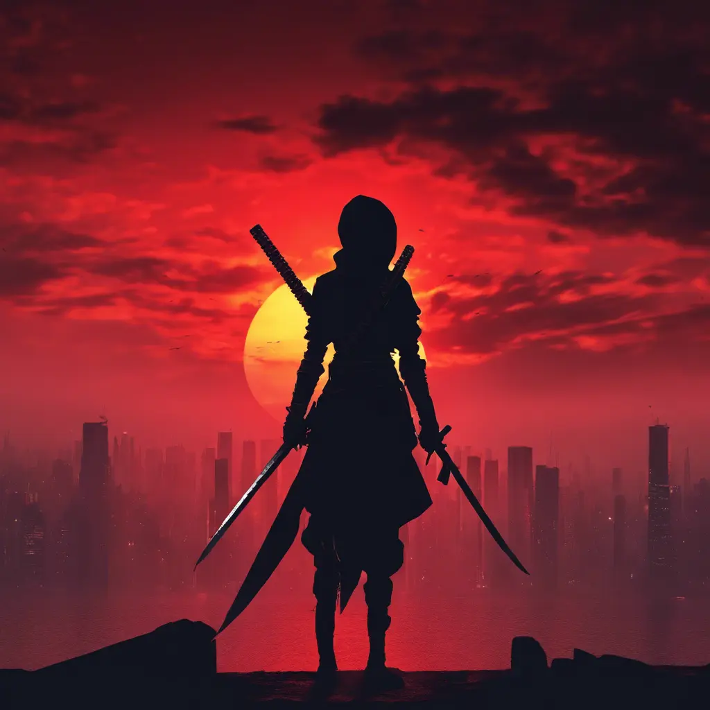 Silhouette of a ninja assassin with her drawn daggers in front of a red sunset, 4k resolution, HDR, Blade Runner 2049, Nier Automata, Ambient Lighting, Fantasy, Dark