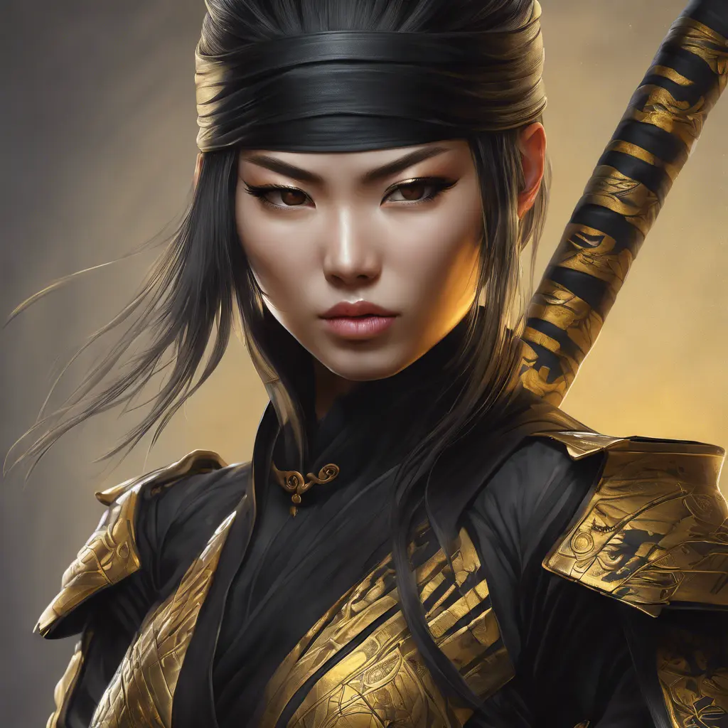 Matte portrait of a beautiful Kunoichi Ninja in black and gold, 8k, Highly Detailed, Intricate, Realistic, Sharp Focus, Volumetric Lighting, Fantasy, Elegant by Stanley Artgerm Lau, WLOP, Stefan Kostic