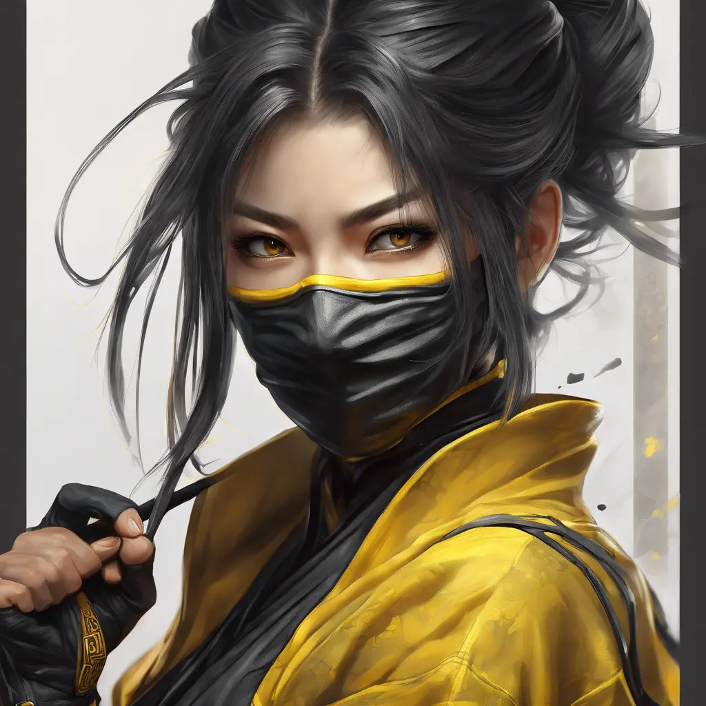 Matte portrait of a beautiful Kunoichi Ninja in black and yellow, 8k, Highly Detailed, Intricate, Realistic, Sharp Focus, Volumetric Lighting, Fantasy, Elegant by Stanley Artgerm Lau, Alphonse Mucha, WLOP, Stefan Kostic