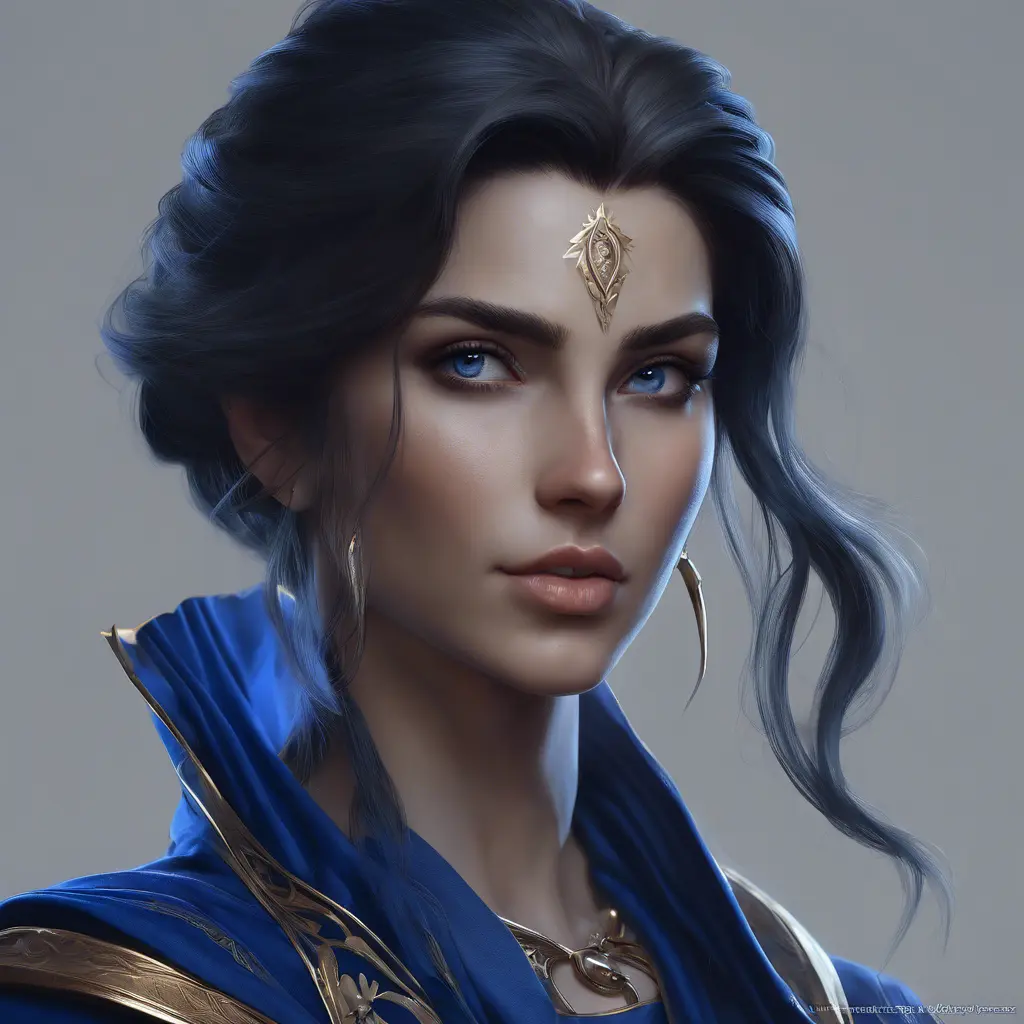 Alluring matte portrait of the beautiful Kassandra in dark blue, 8k, Highly Detailed, Intricate, Realistic, Sharp Focus, Volumetric Lighting, Fantasy, Elegant by Stanley Artgerm Lau, WLOP