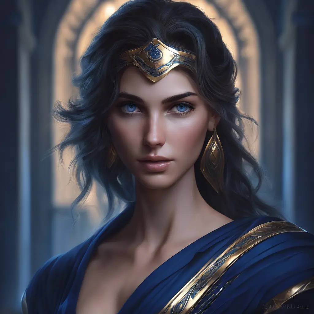 Alluring matte portrait of the beautiful Kassandra in dark blue, 8k, Highly Detailed, Intricate, Realistic, Sharp Focus, Volumetric Lighting, Fantasy, Elegant by Stanley Artgerm Lau, WLOP