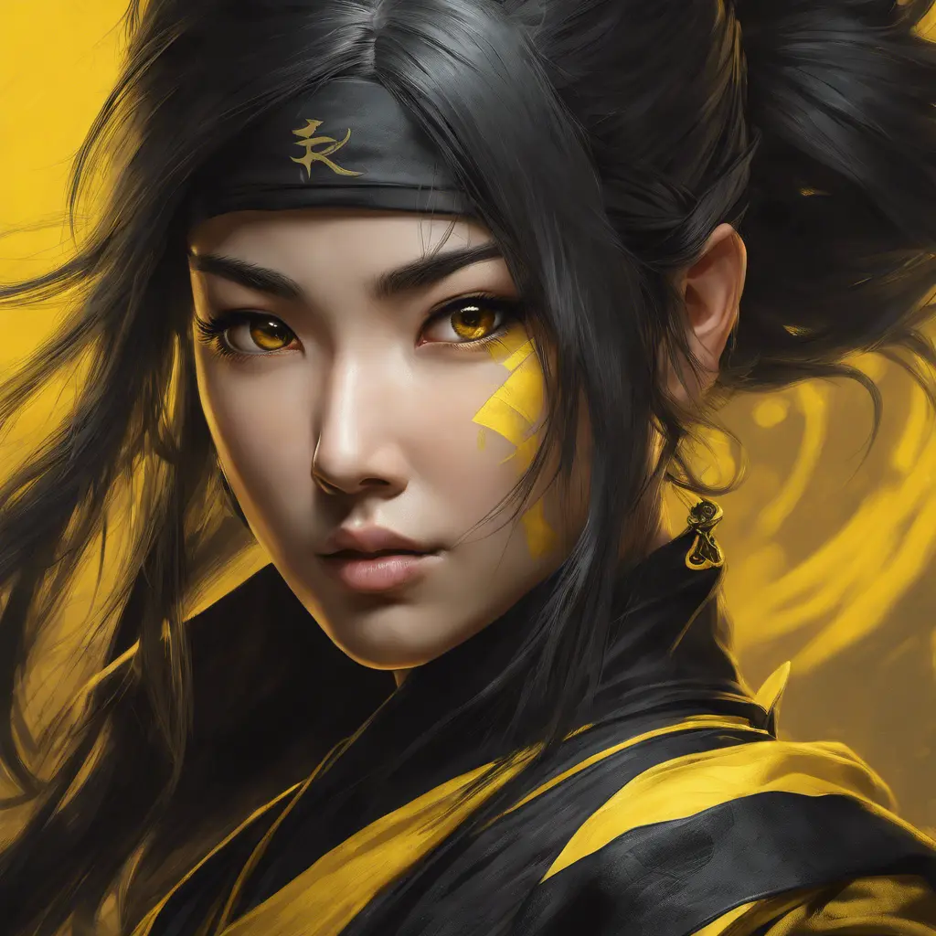 Matte portrait of a beautiful Kunoichi Ninja in black and yellow, 8k, Highly Detailed, Intricate, Realistic, Sharp Focus, Volumetric Lighting, Fantasy, Elegant by Stanley Artgerm Lau, Alphonse Mucha, WLOP, Stefan Kostic