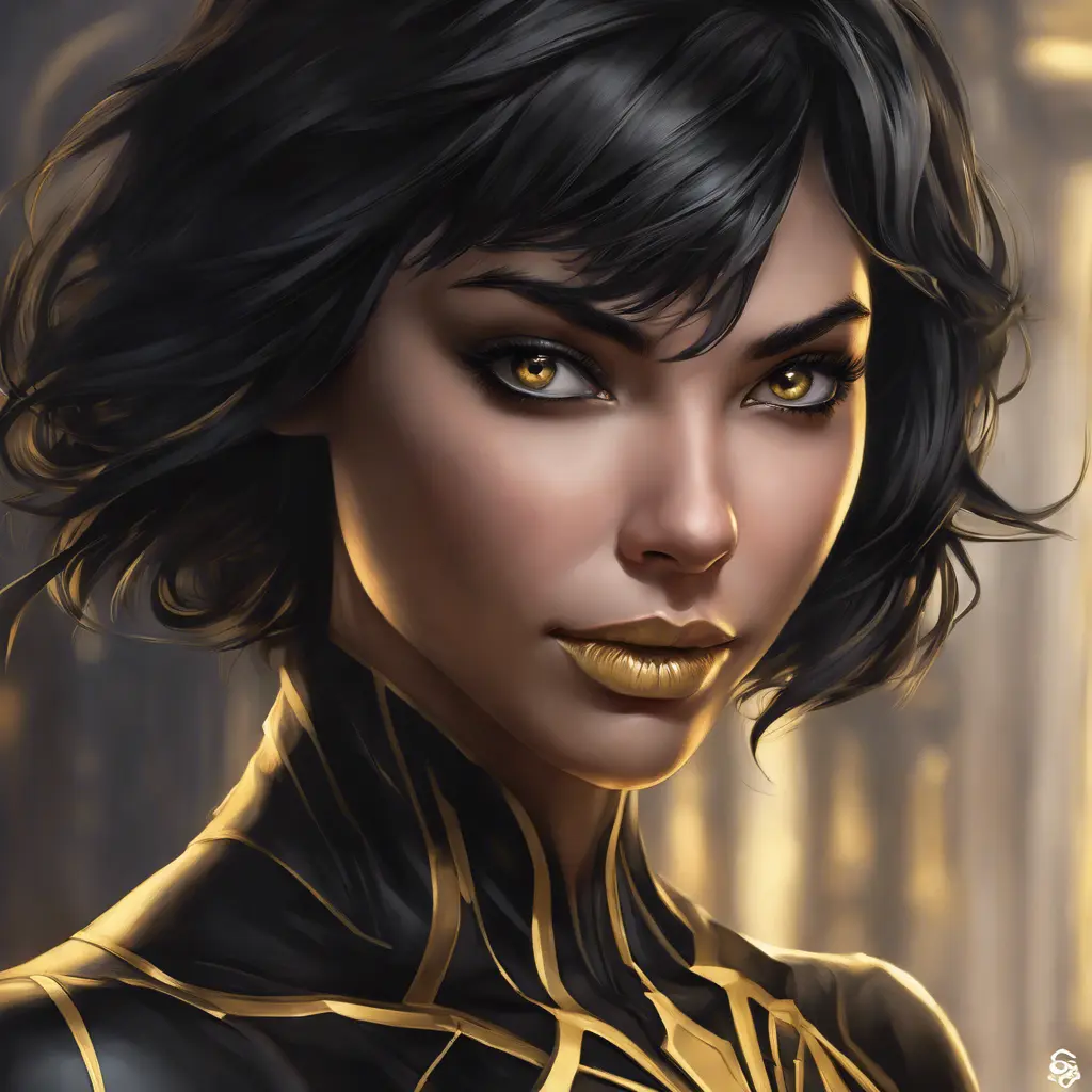 Matte portrait of a beautiful Cassandra Cain in black and gold, 8k, Highly Detailed, Intricate, Realistic, Sharp Focus, Volumetric Lighting, Fantasy, Elegant by Stanley Artgerm Lau, WLOP, Stefan Kostic