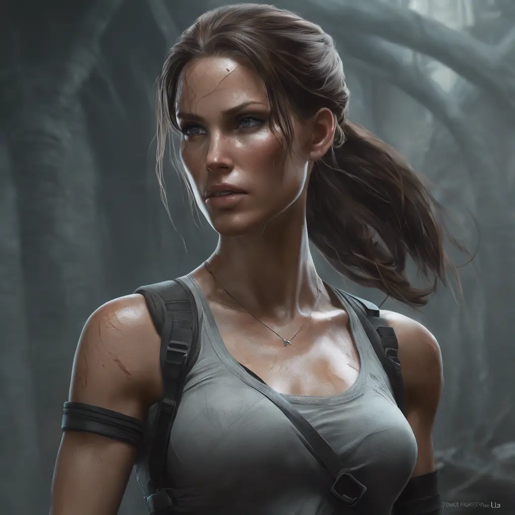 Matte portrait of a beautiful veiled Lara Croft, 8k, Highly Detailed, Intricate, Realistic, Sharp Focus, Volumetric Lighting, Fantasy, Elegant by Stanley Artgerm Lau, WLOP, Stefan Kostic