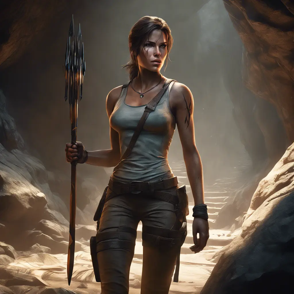 Matte portrait of a beautiful Lara Croft in a cave with arrows, 8k, Highly Detailed, Intricate, Realistic, Sharp Focus, Volumetric Lighting, Fantasy, Elegant by Stanley Artgerm Lau, WLOP, Stefan Kostic