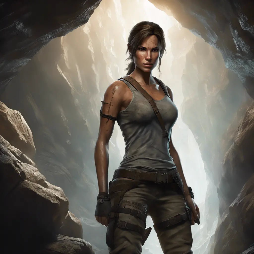 Matte portrait of the beautiful Lara Croft in a cave, 8k, Highly Detailed, Intricate, Realistic, Sharp Focus, Volumetric Lighting, Fantasy, Elegant by Stanley Artgerm Lau, WLOP, Stefan Kostic