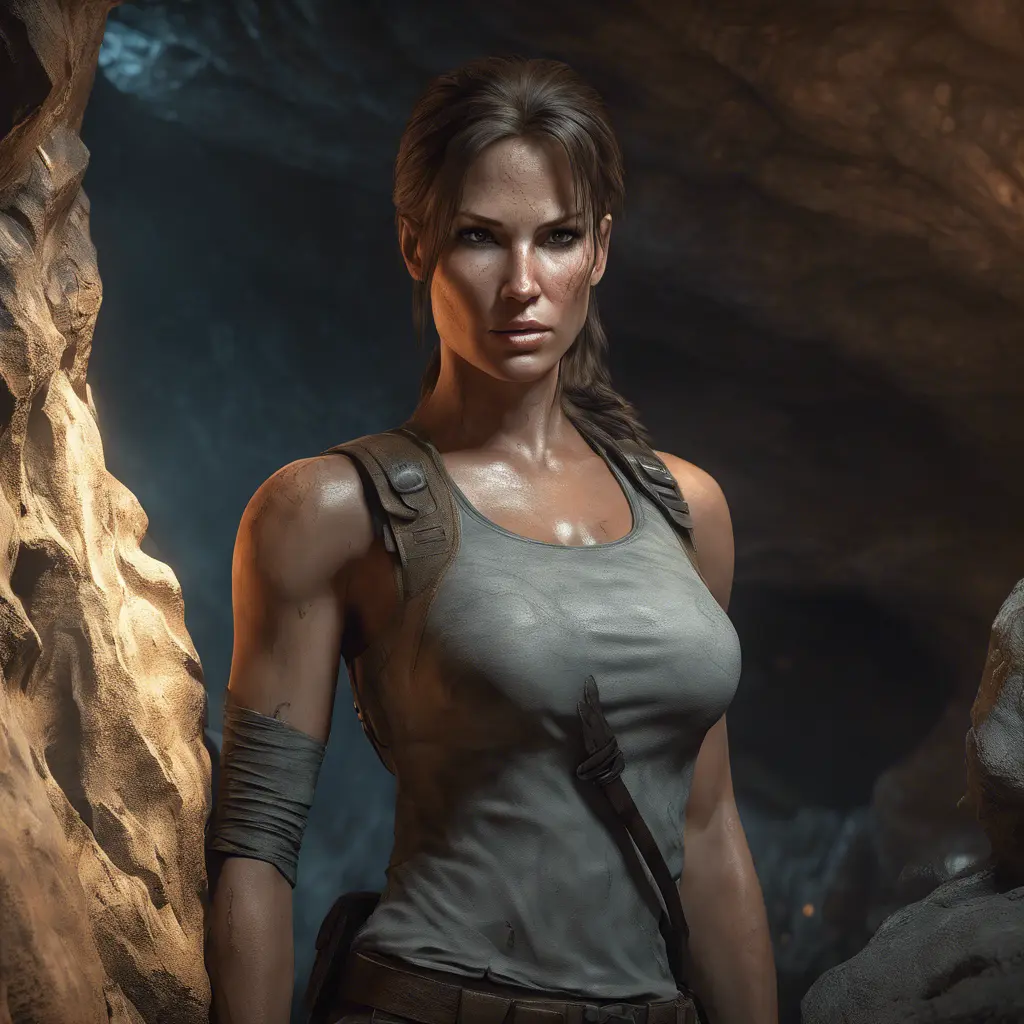 Matte portrait of the beautiful Lara Croft in a cave, 8k, Highly Detailed, Intricate, Realistic, Sharp Focus, Volumetric Lighting, Fantasy, Elegant by Stanley Artgerm Lau, WLOP, Stefan Kostic