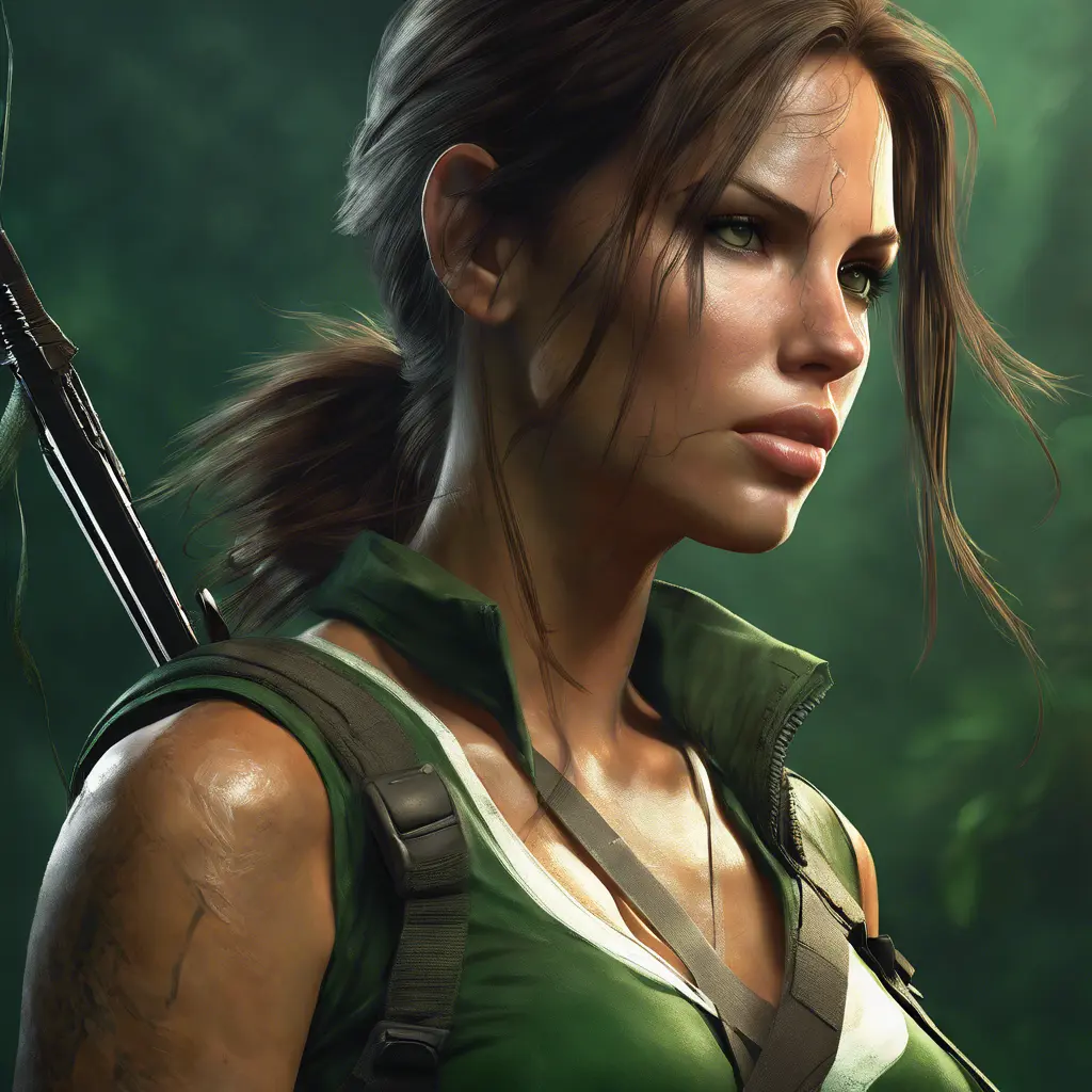 Matte portrait of the beautiful Lara Croft in dark green, 8k, Highly Detailed, Intricate, Realistic, Sharp Focus, Volumetric Lighting, Fantasy, Elegant by Stanley Artgerm Lau, WLOP, Stefan Kostic