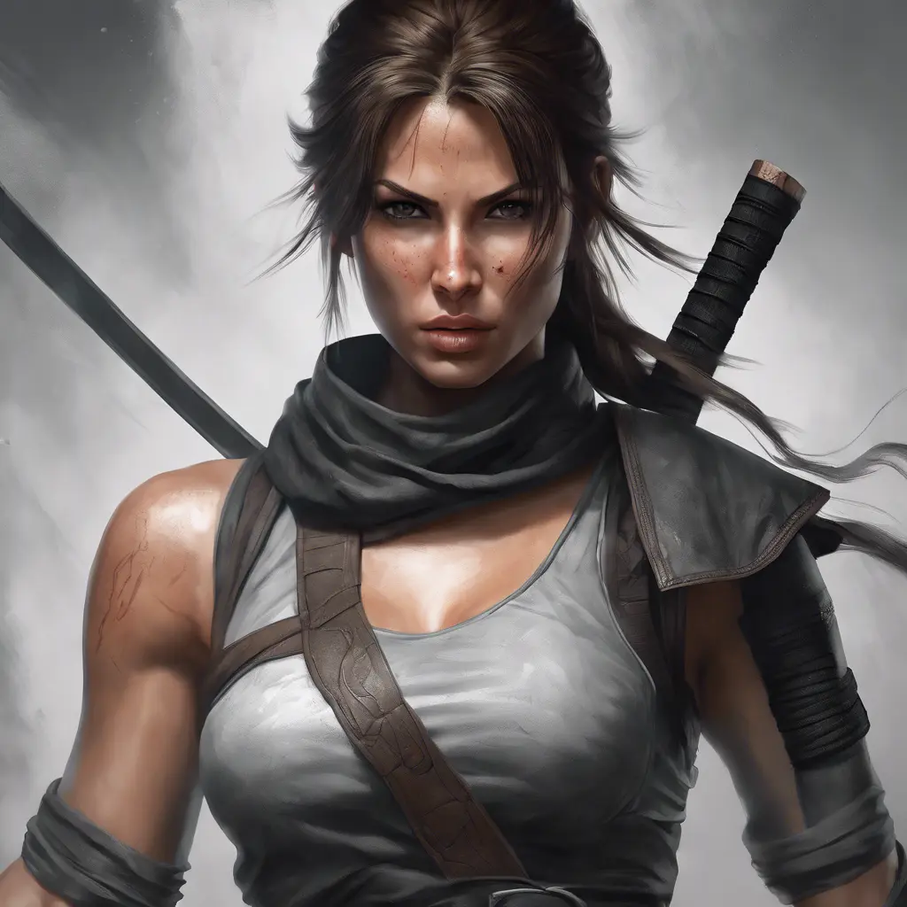 Matte portrait of the beautiful Lara Croft in the style of a Kunoichi Ninja, 8k, Highly Detailed, Intricate, Realistic, Sharp Focus, Volumetric Lighting, Fantasy, Elegant by Stanley Artgerm Lau, WLOP, Stefan Kostic