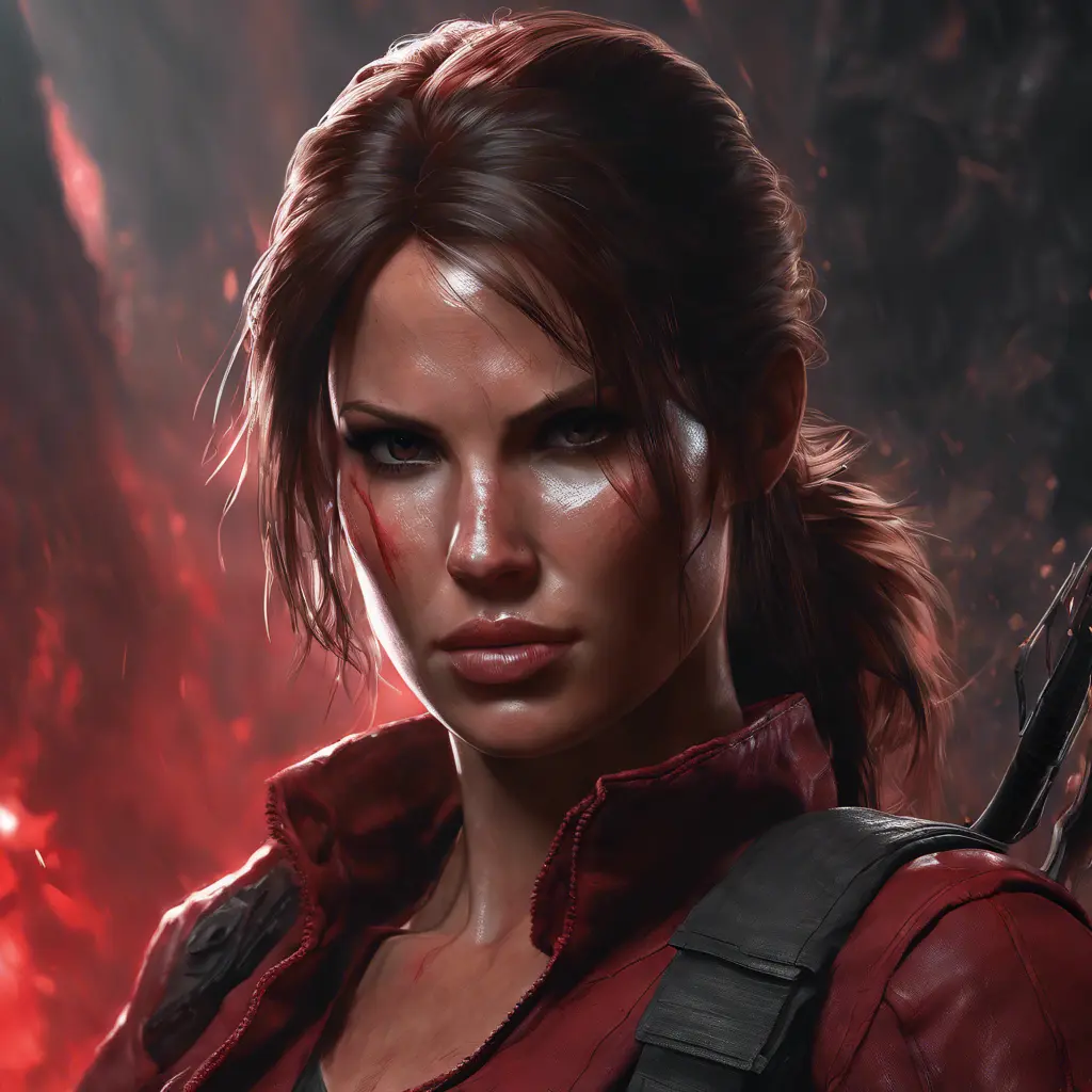 Matte portrait of the beautiful Lara Croft in dark red, 8k, Highly Detailed, Intricate, Realistic, Sharp Focus, Volumetric Lighting, Fantasy, Elegant by Stanley Artgerm Lau, WLOP, Stefan Kostic