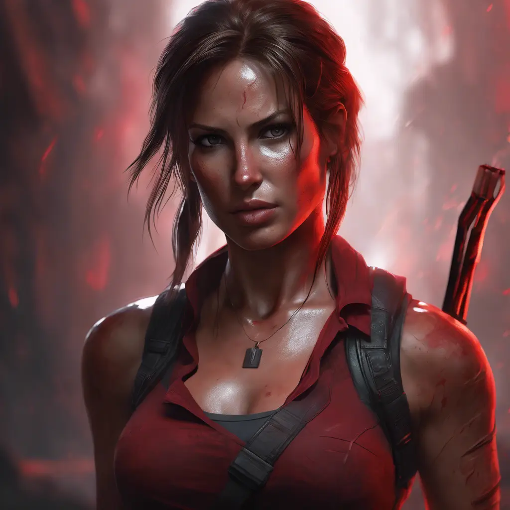 Matte portrait of the beautiful Lara Croft in dark red, 8k, Highly Detailed, Intricate, Realistic, Sharp Focus, Volumetric Lighting, Fantasy, Elegant by Stanley Artgerm Lau, WLOP, Stefan Kostic