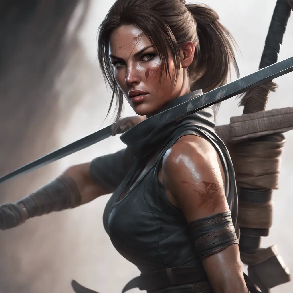 Matte portrait of the beautiful Lara Croft in the style of a Kunoichi Ninja, 8k, Highly Detailed, Intricate, Realistic, Sharp Focus, Volumetric Lighting, Fantasy, Elegant by Stanley Artgerm Lau, WLOP, Stefan Kostic