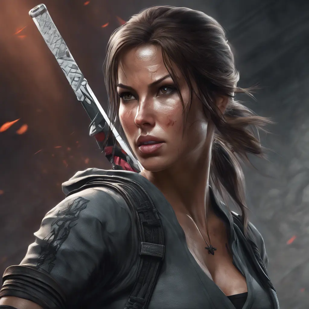 Matte portrait of the beautiful Lara Croft in the style of a Kunoichi Ninja, 8k, Highly Detailed, Intricate, Realistic, Sharp Focus, Volumetric Lighting, Fantasy, Elegant by Stanley Artgerm Lau, WLOP, Stefan Kostic