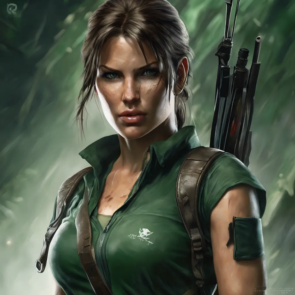 Matte portrait of the beautiful Lara Croft in dark green, 8k, Highly Detailed, Intricate, Realistic, Sharp Focus, Volumetric Lighting, Fantasy, Elegant by Stanley Artgerm Lau, WLOP, Stefan Kostic