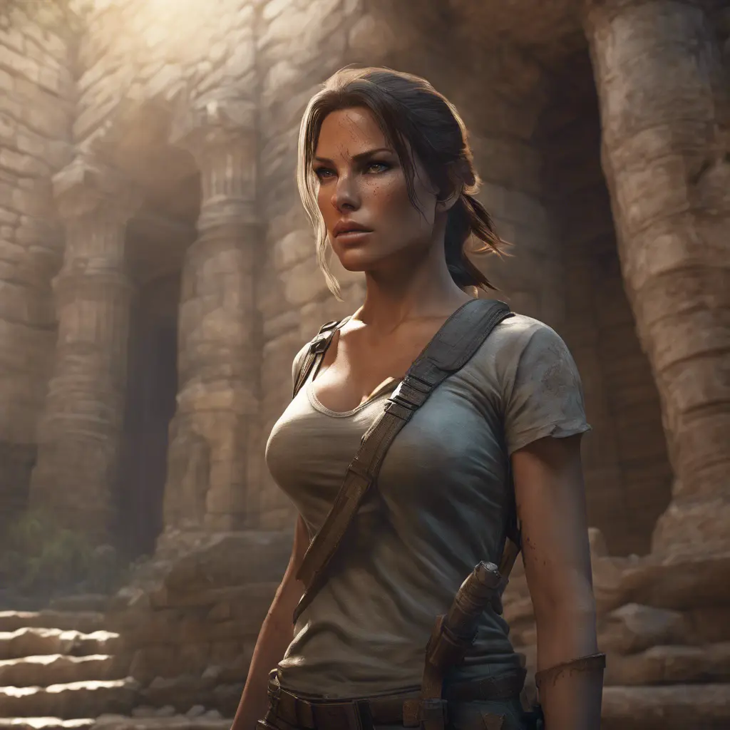 Matte portrait of a beautiful Lara Croft exploring an ancient ruin, 8k, Highly Detailed, Intricate, Realistic, Sharp Focus, Volumetric Lighting, Fantasy, Elegant by Stanley Artgerm Lau, WLOP, Stefan Kostic