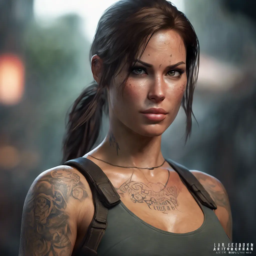 Matte portrait of Lara Croft with tattoos, 8k, Highly Detailed, Alluring, Artstation, Bokeh effect, Sharp Focus, Volumetric Lighting, Concept Art by Stanley Artgerm Lau, Greg Rutkowski